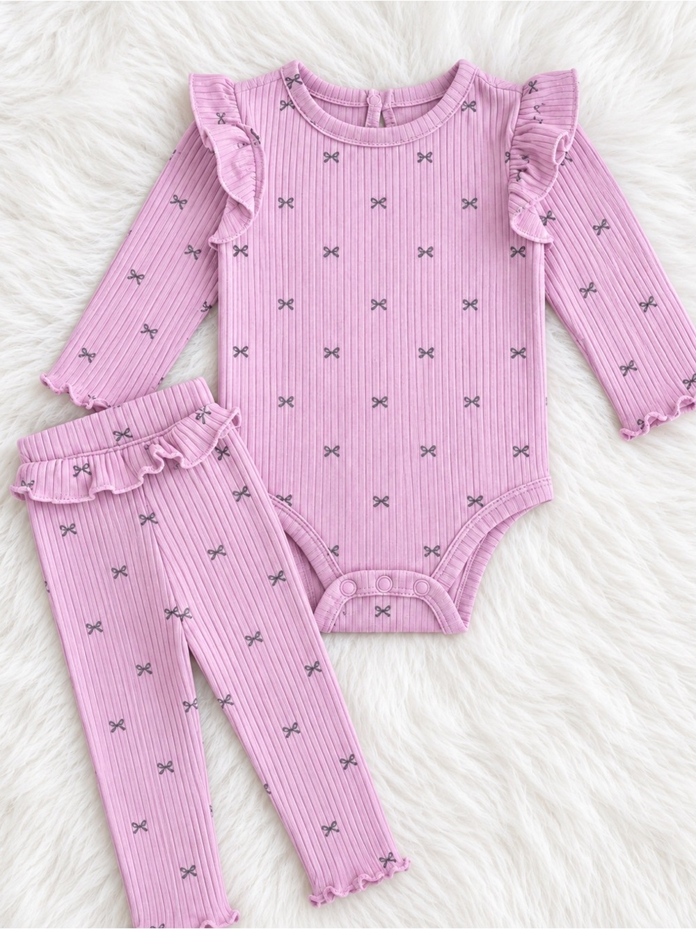 Pink Ribbed Bow-Print Set